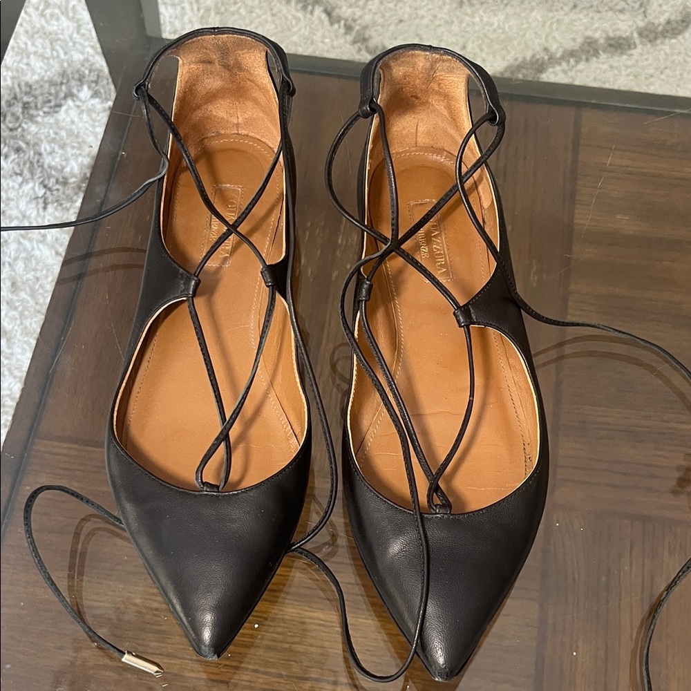 Aquazzura Black Leather Lace-Up Loafers